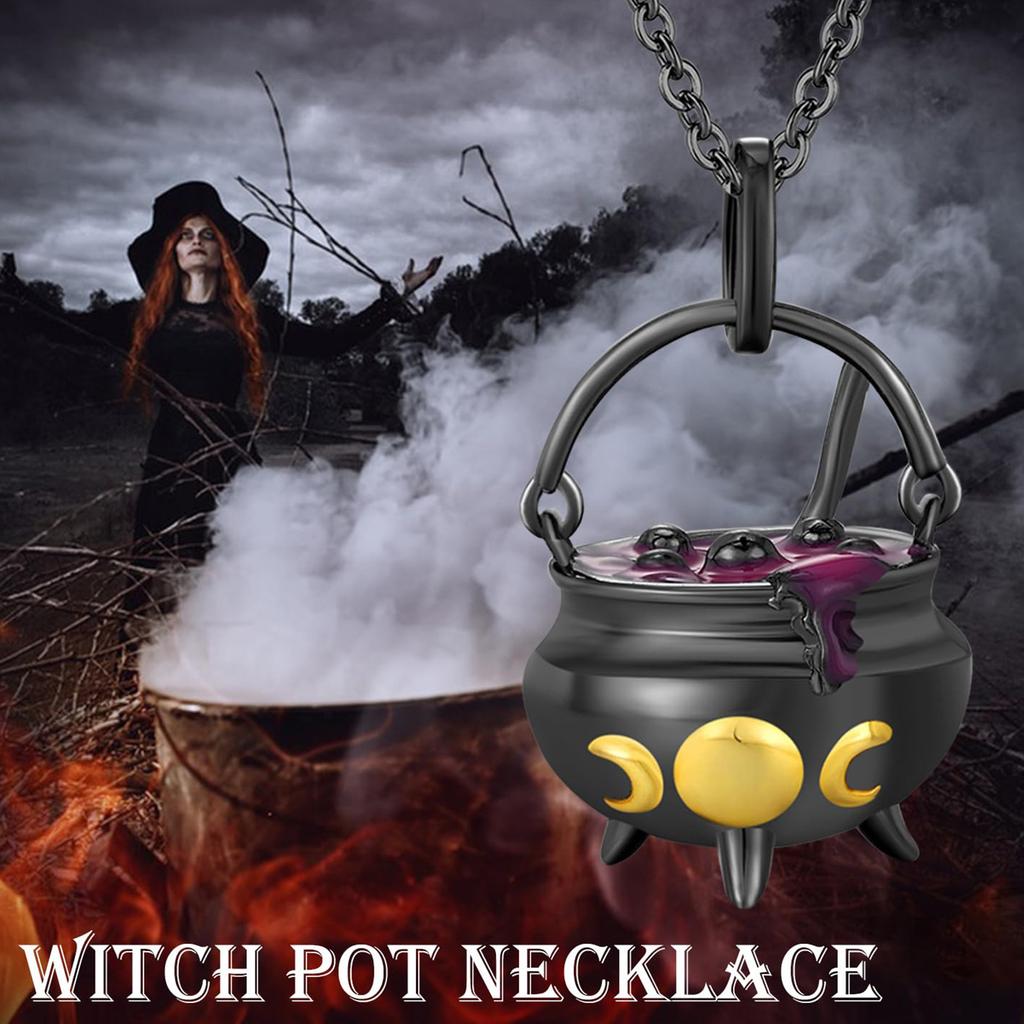 Halloween Gothic Clavicle Necklace, 3D Witch Magic Cauldron Triple Moon Pendant Necklace, Dark Style Statement Neck Accessory