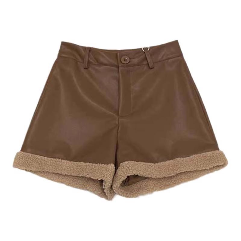 Women's High-Waisted PU Leather Patchwork Fur Shorts: Casual, Stylish, Slim Fit for Autumn & Winter