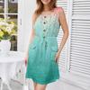 Women's Fashion Sleeveless Round Neck Printed Decorative Button Double Pocket Lace-up Dress
