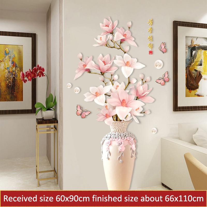Chinese Style Peony Flower Vase Wall Sticker for Bedroom Living Room Self Adhesive Vinyl Wall Art Removable TV Background Decoration Home Decor