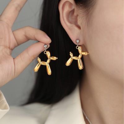 Gold and Silver Color Contrast Fashion Animal Balloon Dog Drop Earrings for Women Children Girls Punk Jewelry