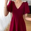 Plus Size Wine Red French V-Neck Hepburn Style Summer Puff Sleeve Slimming Long Skirt