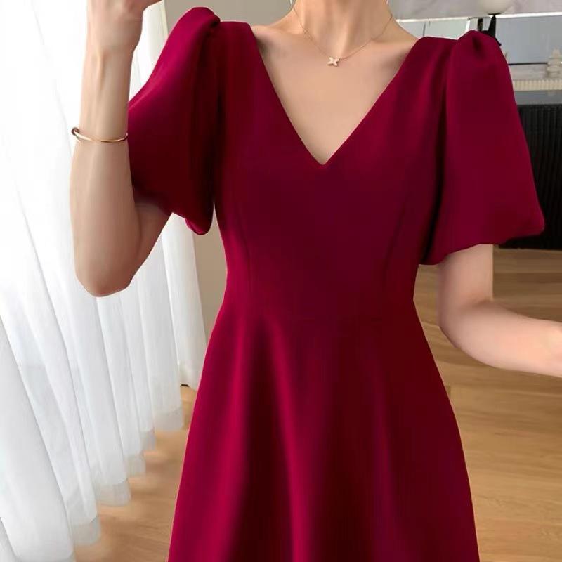 Plus Size Wine Red French V-Neck Hepburn Style Summer Puff Sleeve Slimming Long Skirt