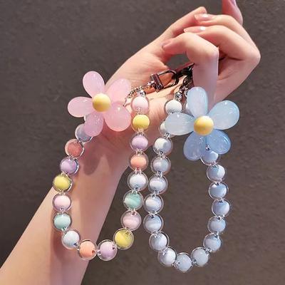 INS Candy Color Mobile Phone Lanyard Wrist Strap Women Girls Korean Beaded Flower Bracelet Anti-lost Case Bags Keys Pendant