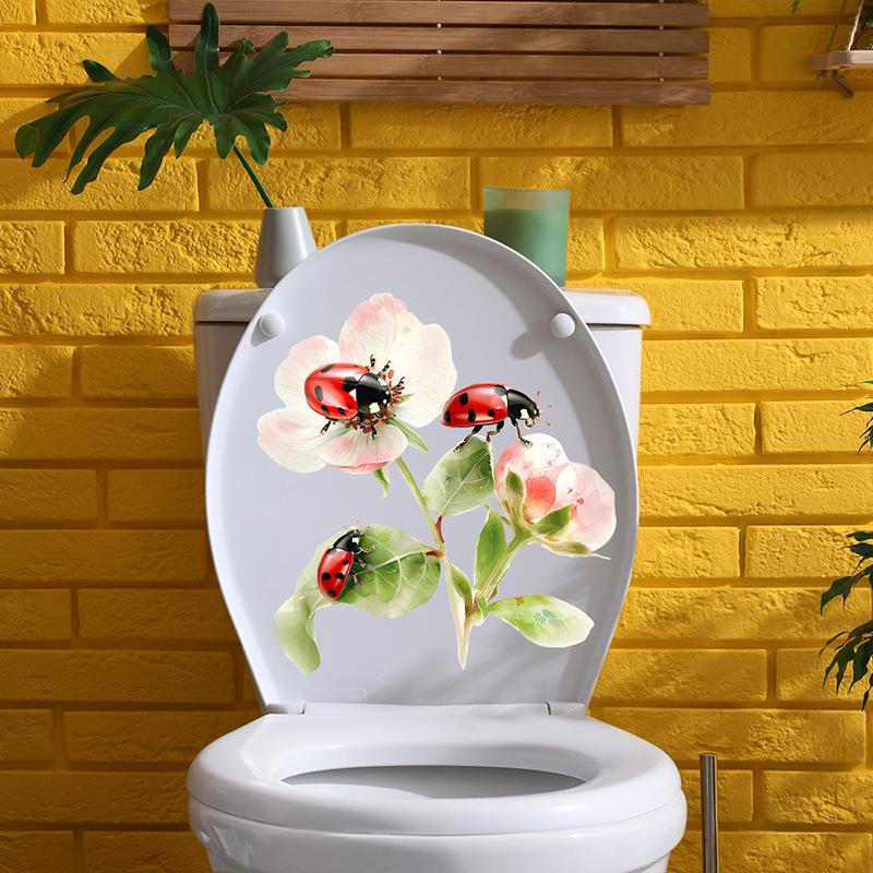 Hand Painted Floral Ladybug Toilet Seat Sticker Waterproof Self-Adhesive Removable Decal for Bathroom WC Decoration