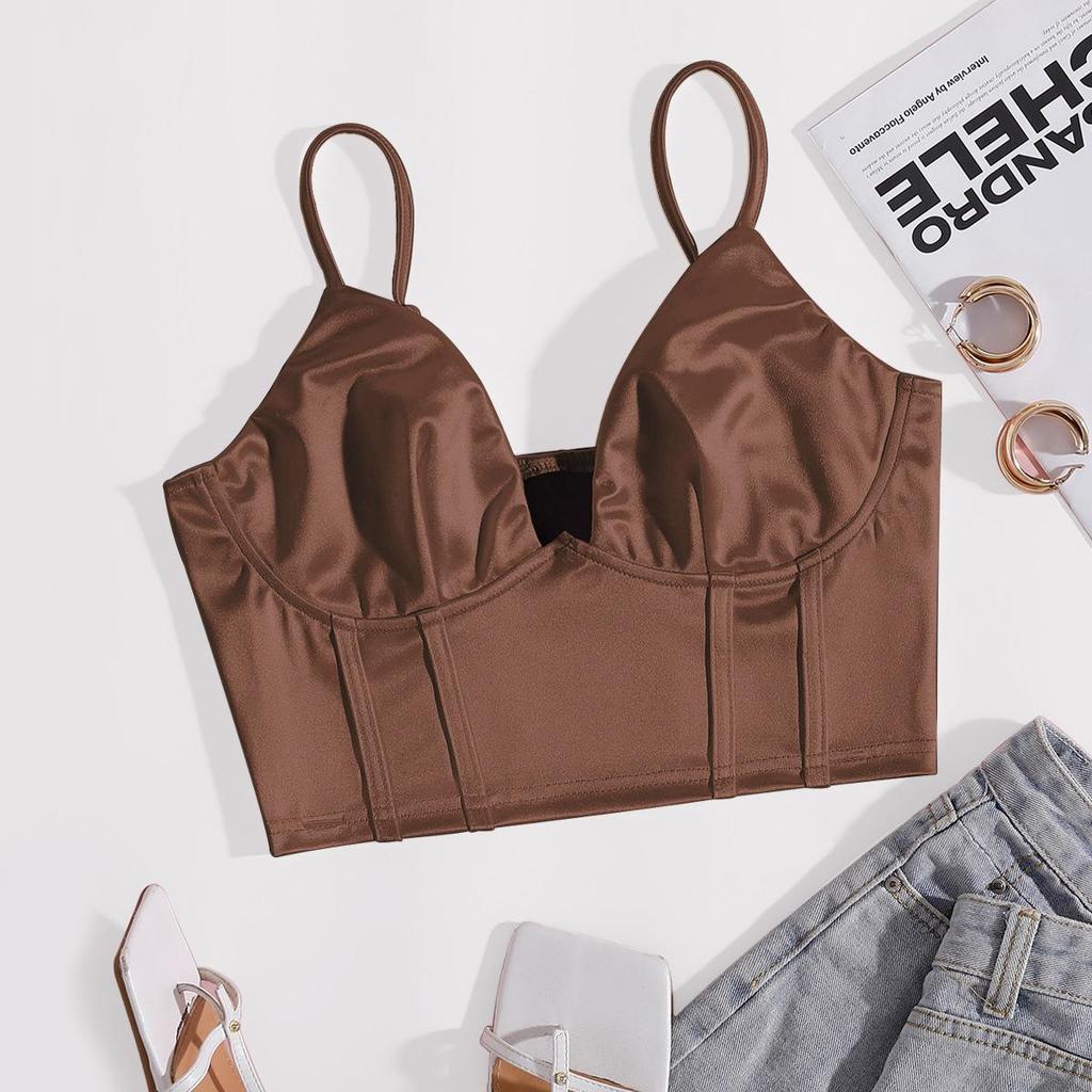 Satin Tank Top Solid Halter Crop Tops Women Summer Adjustable Shoulder Strap Camis Backless Camisole Casual Tube Female Sleeveless Cropped Vest