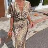 Sexy Twisted Print V-Neck Midi Dress Women's Fashion Cross-Border Short Sleeve Knee-Length Dress