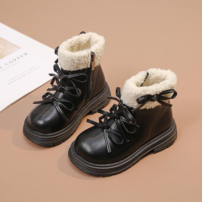 Girls' Velvet 2025 Martin Boots Korean Version Bow Fluffy Short Boots Medium and Older Children's Cotton Boots Thick-soled Princess Style Boots