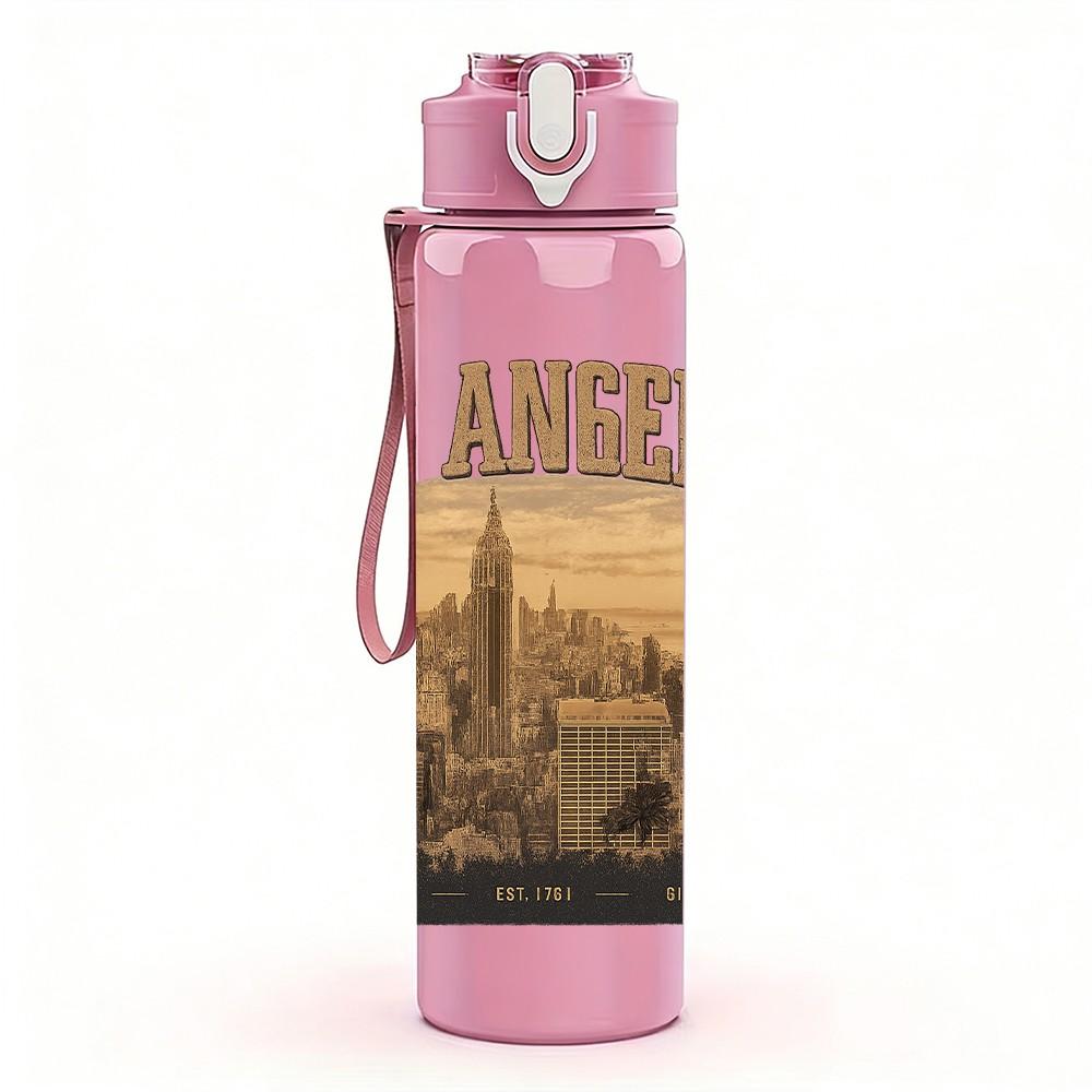 1PC Los Angeles City Print 750ml Color Plastic Sports Water Bottle Leakproof Flip Straw Lid Suitable for Sports Office Home Use