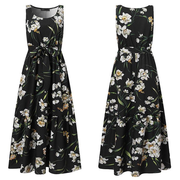 2022 European & American Summer Print Casual Long Dress with Belt