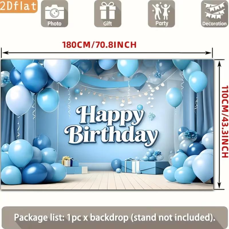 2D Cool Blue Happy Birthday Backdrop Banner with Balloon and Curtain Design