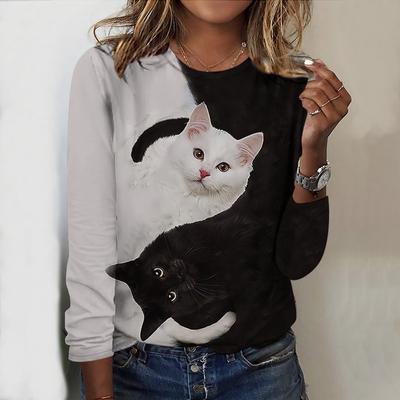 Hauts pour le printemps et l'automne, imprimé lettre chat, col rond, manches longues, t-shirt d'automne décontracté, pull slim, haut à manches longues pour femmes
