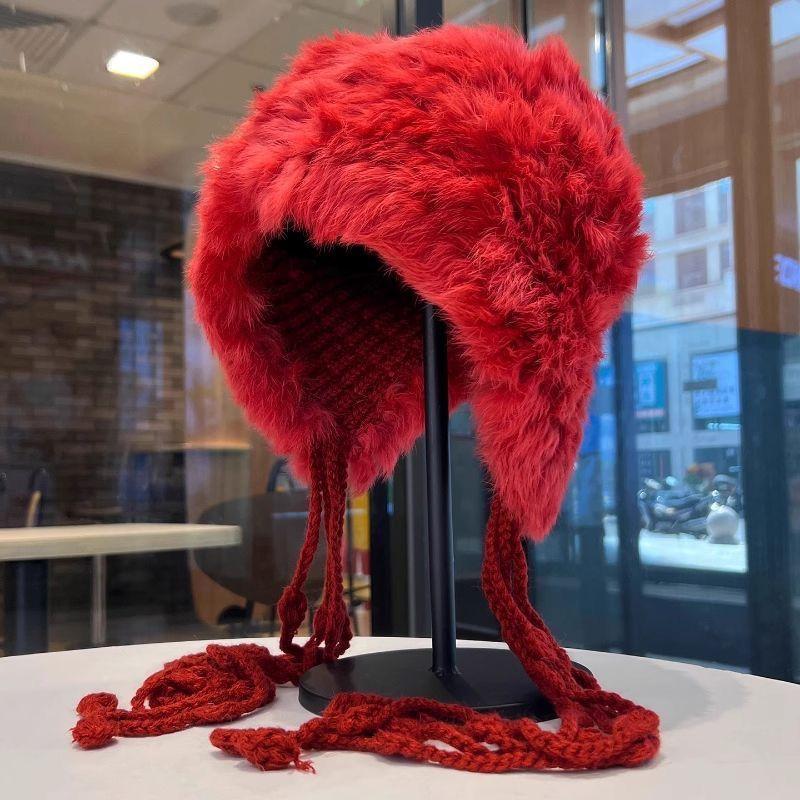 Rabbit-fur Knit Autumn Winter Cold-Weather Beanie with Fringe Earflaps New Style Thickened Woolen Hat for Warmth Woolen Beanie