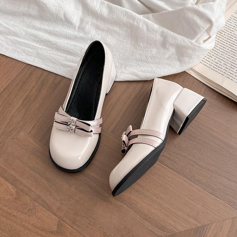 Block Heel Mary Jane Single Shoes Women's Round Toe Shallow Slip Rhinestone Bow Slip Anti-Slip Wear-Resistant High Heels