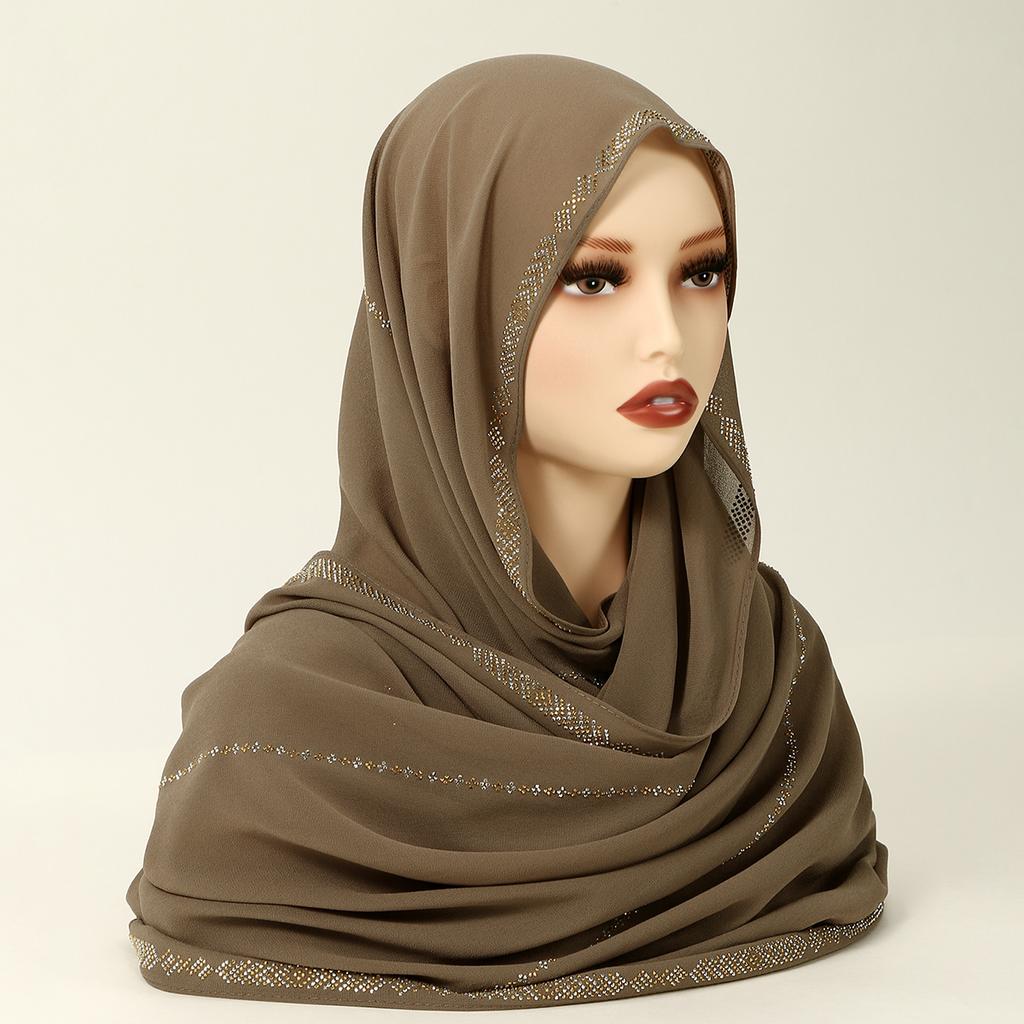 Fashion Rhinestone Chiffon Hijab Scarf Muslim Hijab Shawl Plain Soft Headband Solid Color Long Muffler Islam Turban