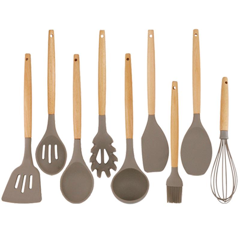Silicone Wooden Handle Kitchenware Non-stick Cookware Kitchenware Set Spoon Spatula Cooking Spatula Spoon Tool Utensils темно серый