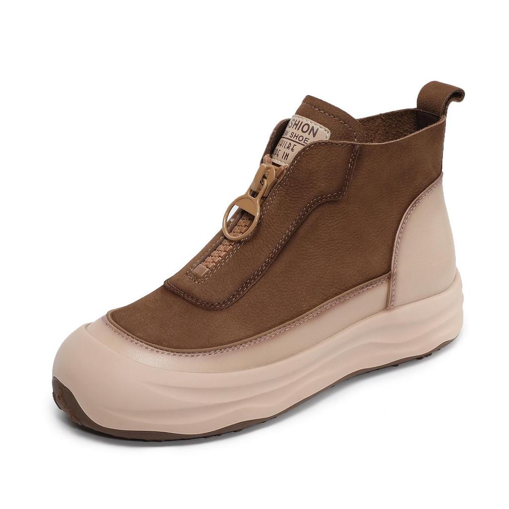 Johnature Genuine Leather Retro Thick Soled Short Boots With Front Zipper Casual Flat Platform Shoes