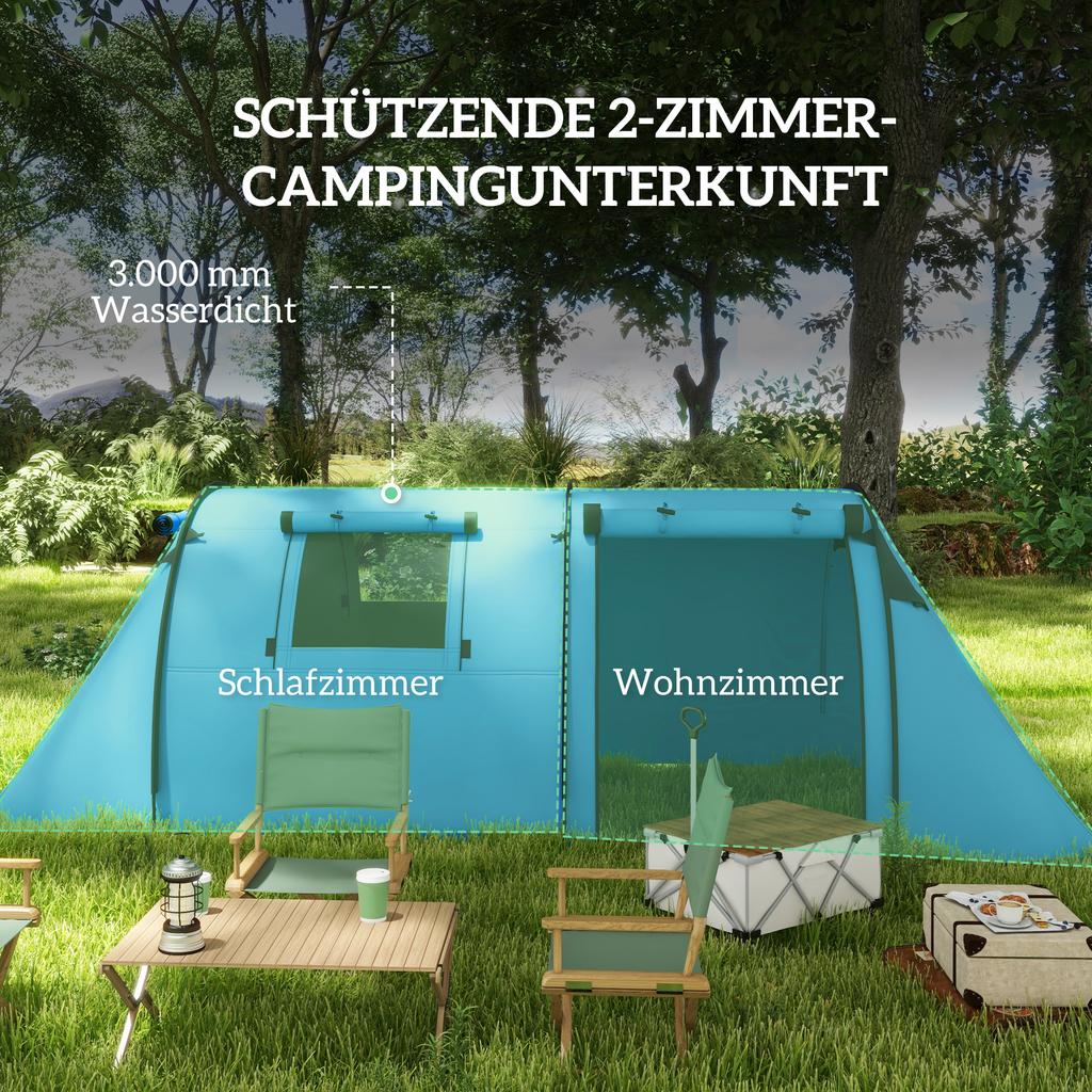 Four Man Duo Room Tunnel Tent, with Accessories - Sky Blue