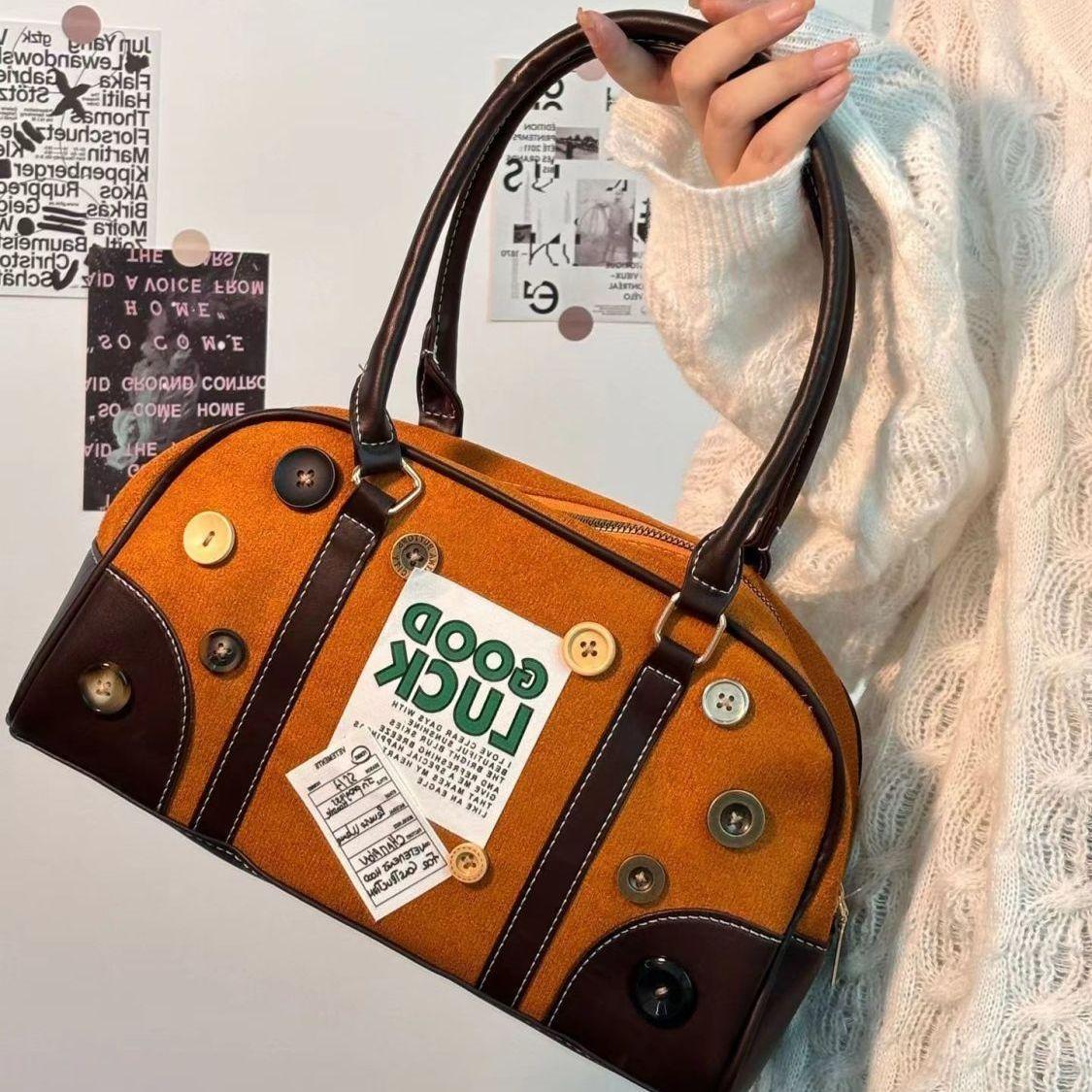 

JIAERDI Retro Label Button Design Handbag Women Maroon Patchwork Brown Shoulder Bag Ladies Fashion Cute Boston Crossbody Bag New 31x17x9cm коричневый