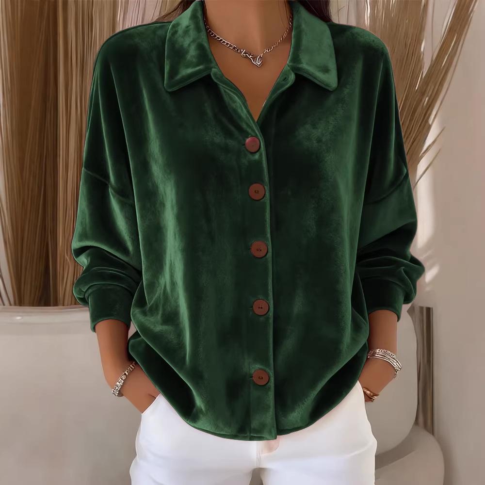 Women's Casual Long Sleeve Shirt Collar Cardigan Gold Velvet Multi-Color Open Front Top Fashion Soft Velvet Blouse