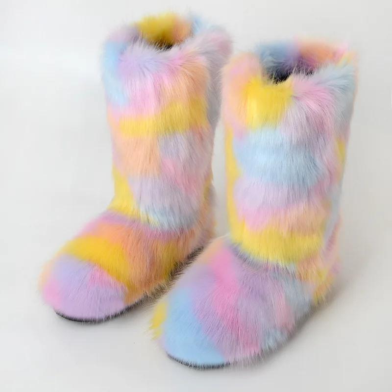 Fashion 2024 New Comfortable Imitation Raccoon Fur Snow Boots with Midsole for Women's Winter Warmth and Comfort, Hairy Women's Boots