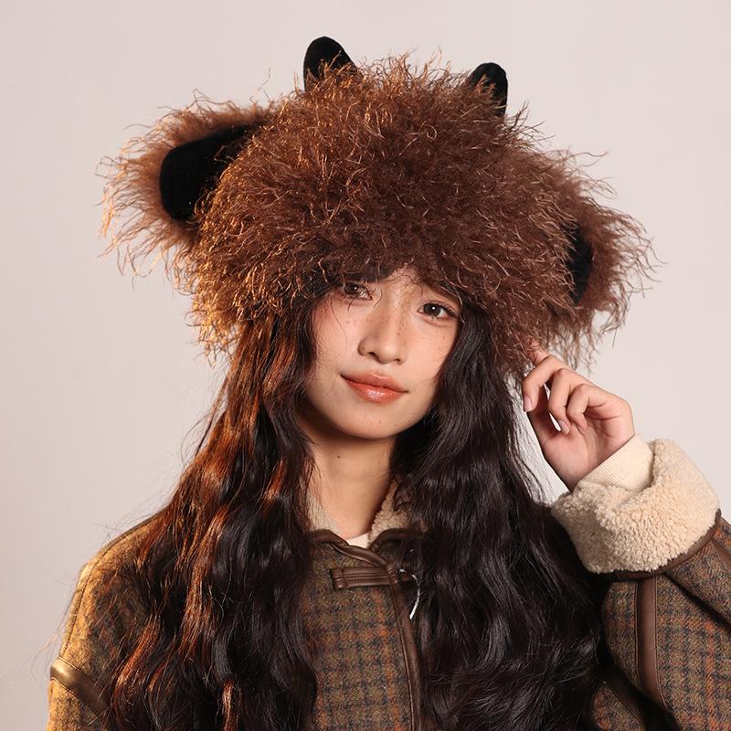 Cute Funny Little Lamb Plush Hat for Women In Autumn and Winter Warm and Cold Knitted Hat Showing Face with Little Sweet Fisherman Pullover Hat