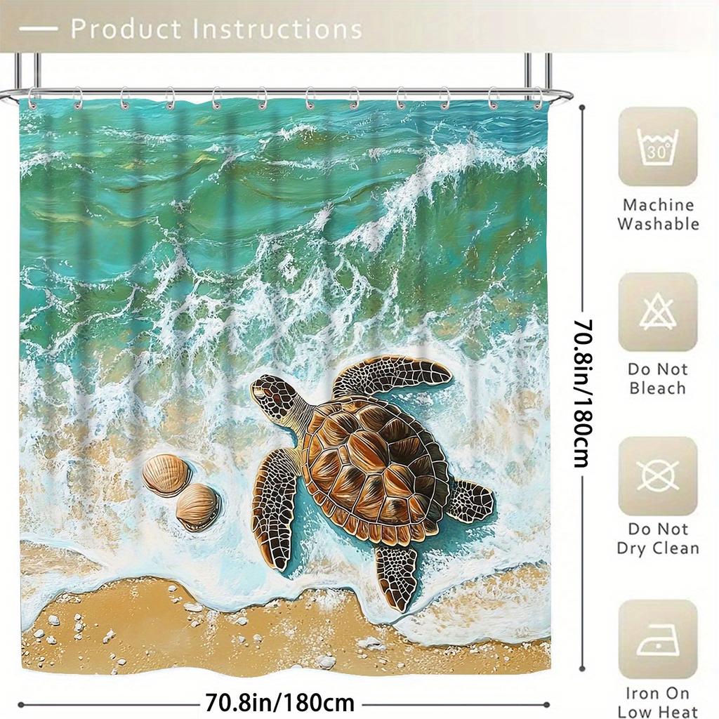Sea Turtle Shower Curtain Set With 12 Hooks - Polyester Fabric, Non-Slip Bath Mat, Toilet Seat Cover, And U-Shaped Rug - Machine