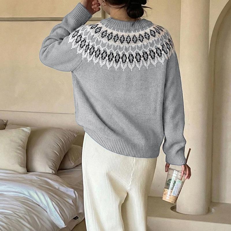 2026 Retro Ethnic Style Fair Isle Knit Sweater – Women's Loose Long Sleeve Round Neck