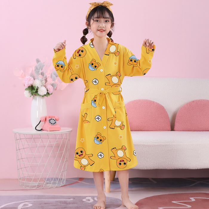 Girls' Combed Cotton Long-Sleeve Pajama Robe - Spring/Summer Bathrobe for Kids, Cute Sleepwear for Middle and Big Girls