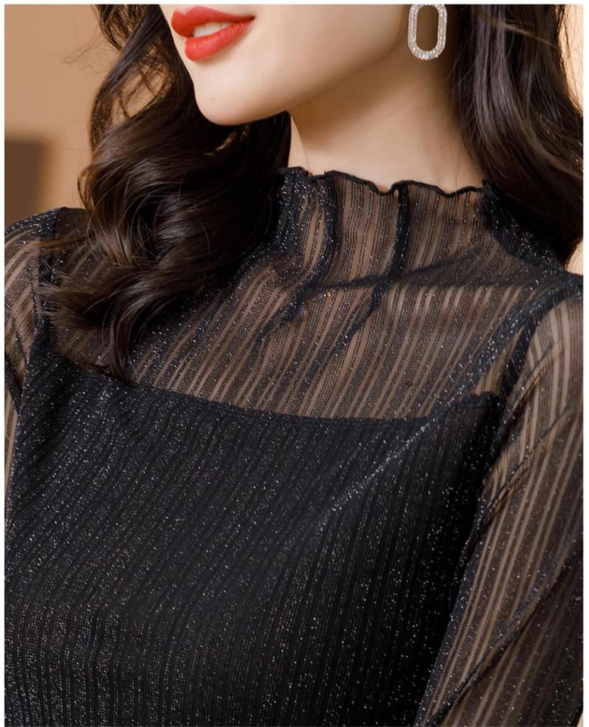 YANGRONG Lace Long Sleeve High Neck Layered Stylish Women's Top, Shirt, Top, Pullover, Sheer, Elegant, Korean, Feminine, Soft, Look, Slimming, Cute,