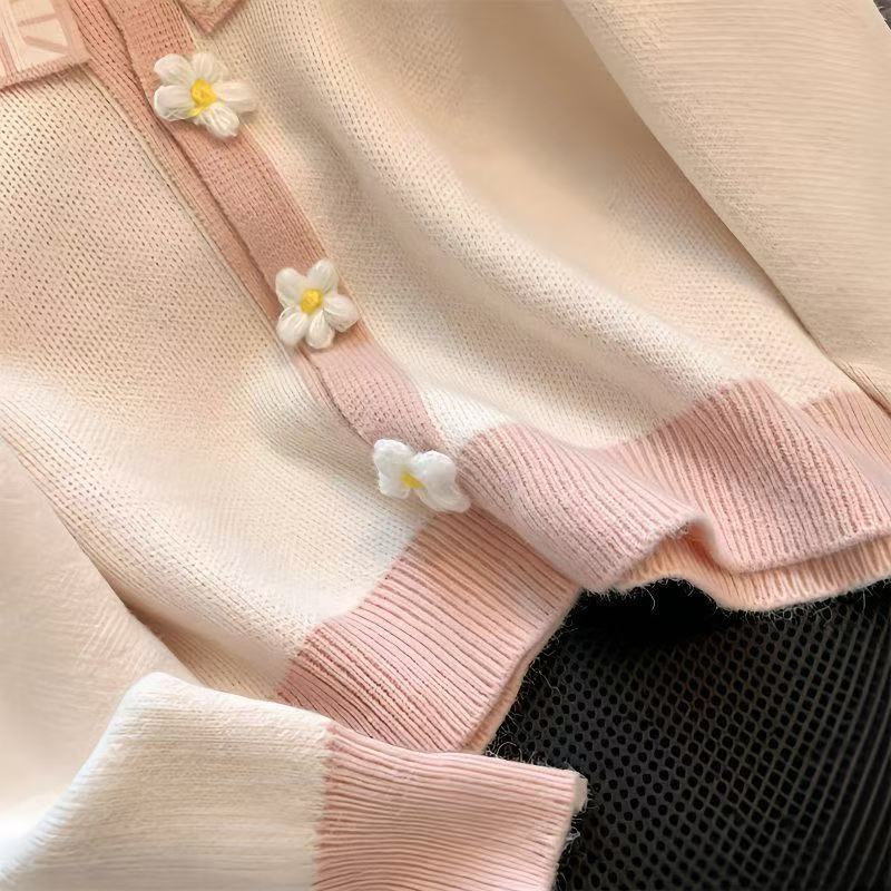 Flower Women's Sweater Navy collar solid color knitted sweaters Long sleeved autumn women Korean casual Loose top