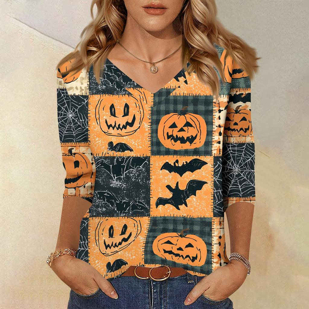 Women's Casual Halloween Print V Neck Three Quarter Sleeve Top Lightweight Soft Fabric Comfortable Fit