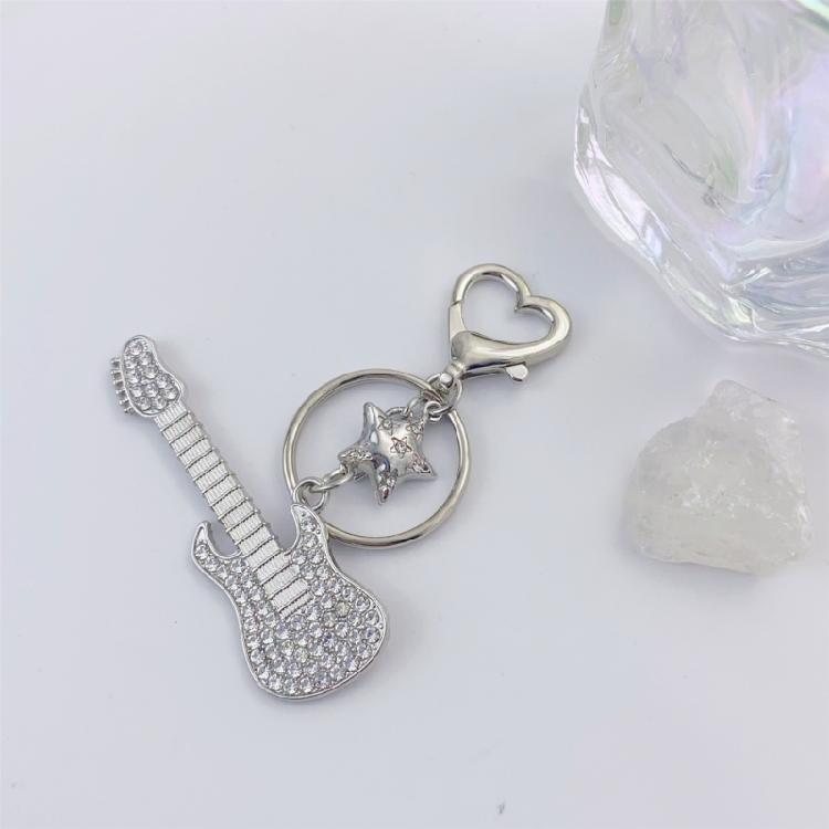 Guitar Pendant Keychain with Shimmering Stones Metal Keyring Sweet Cool Girls Key Chain Lightweight Jewelry for Bag