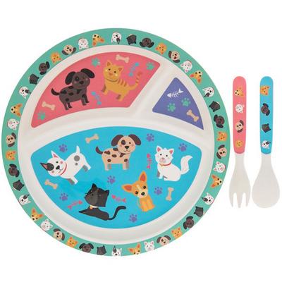 [R0469] - Bamboo Children's Meal Set 'Dogs & Cats' Multicolor - (3 Pieces) 23 Cm