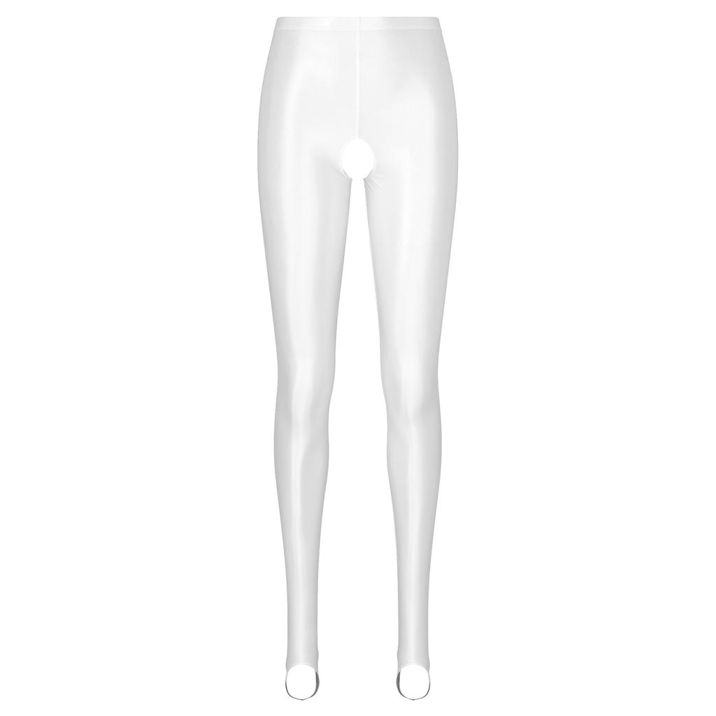 Damen Glänzende Open-Crotch Steg-Leggings Dehnbar Glatt Mittlere Taille Elastischer Bund Skinny Hosen