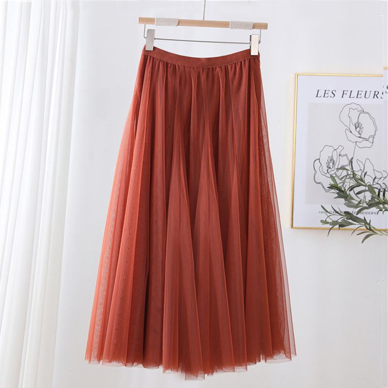 Qooth Women's Slim Skirt Mid Length Gauze Skirt Summer Simple Casual Skirt Fashion Full Dance Skirt QT2588