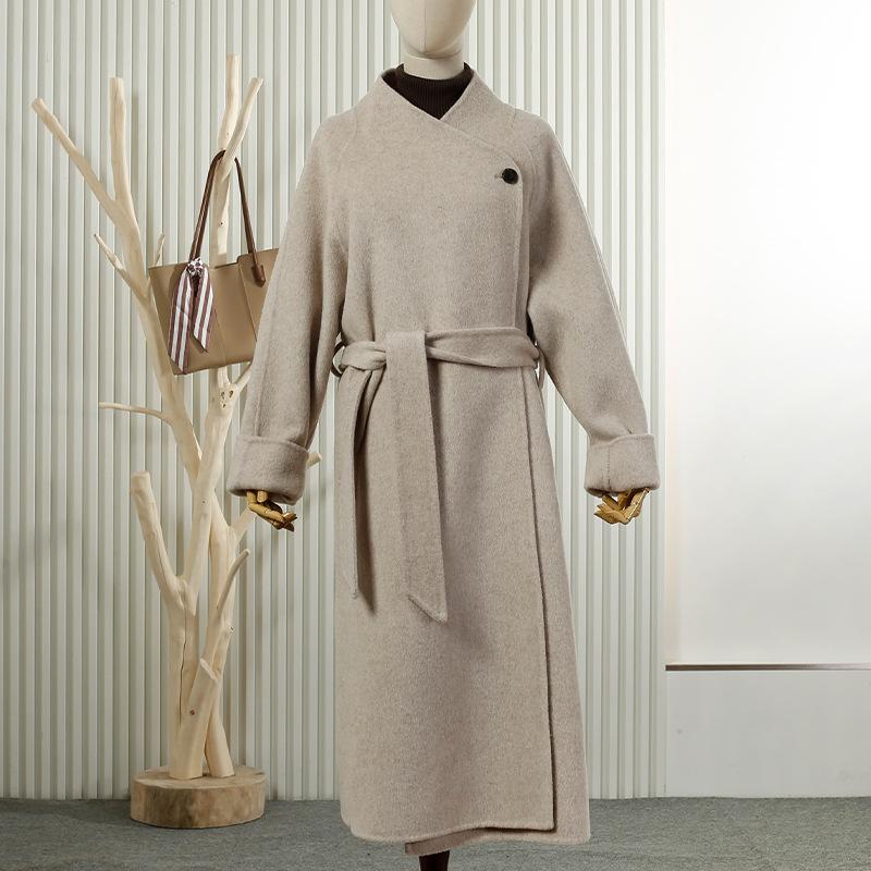 

Stand-up collar double-sided woolen coat new fashion lace-up temperament woolen coat women s wool coat S бежевий