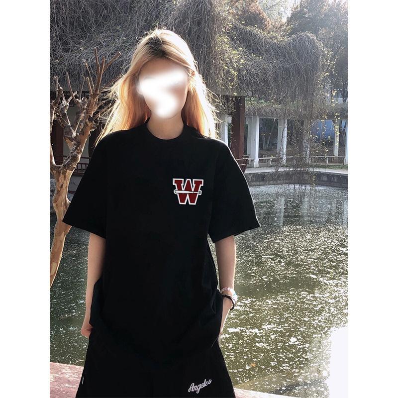 

Американская ретро футболка с коротким рукавом свободного кроя женская уличный стиль летняя оверсайз с рукавом до локтя парная хлопковая футболка топ тренд S чёрный