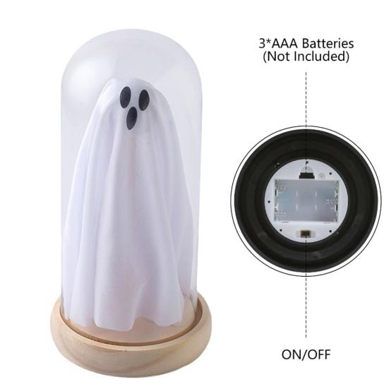 Yousheng Halloween Ghost Decor Light Up Ghost in Glass Cloche with Wood Base Cute Ghost Night Light Decoration for Table Shelf Fireplace Room Decor