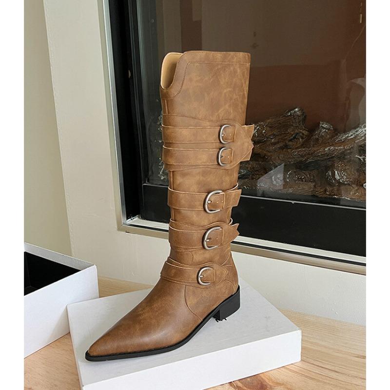 Fashion New Belt Buckle Combination Black Brown Western Cowboy Boots Women's Pointed Zipper 3.5cm Thick High Heels Knee High Boots 34-42