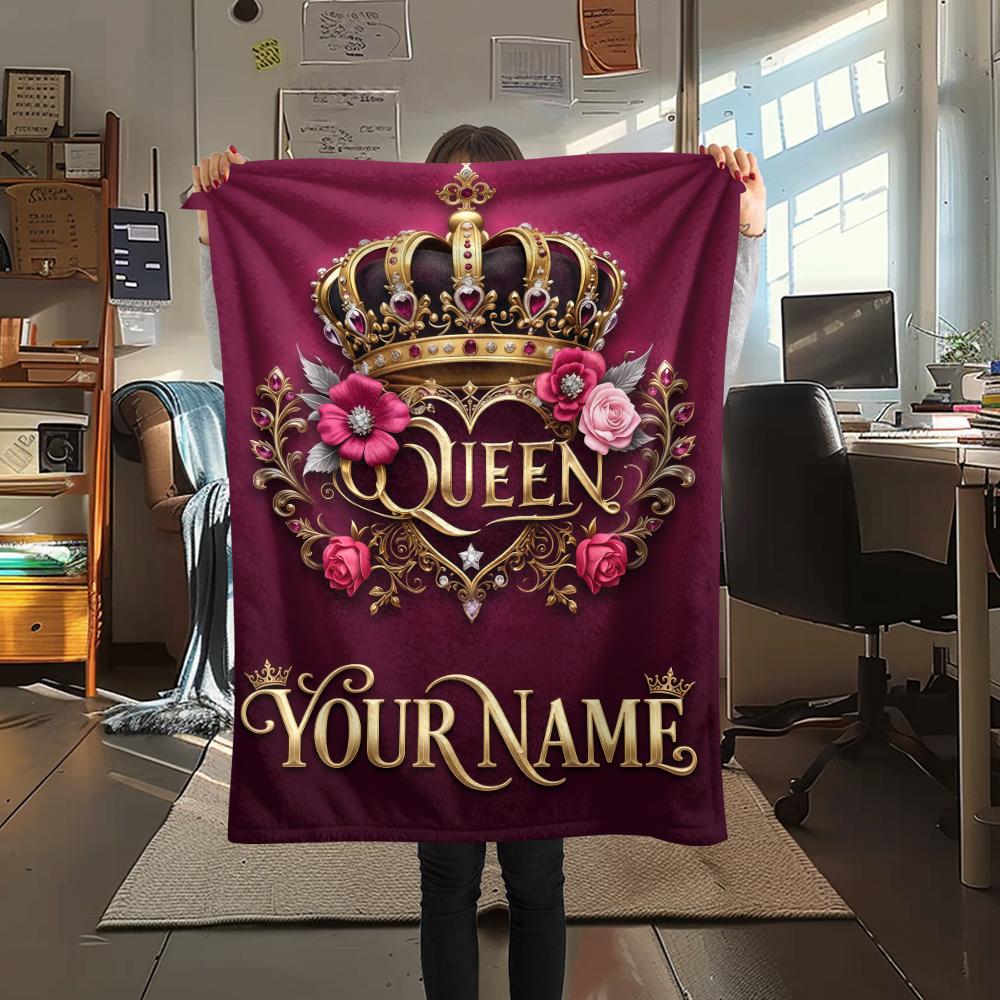 1PC Custom Name Royal Crown Emblem Patterned Flannel Blanket Suitable For All Seasons for Home Decor Warmth and Comfort Gifts Holiday Present_lx