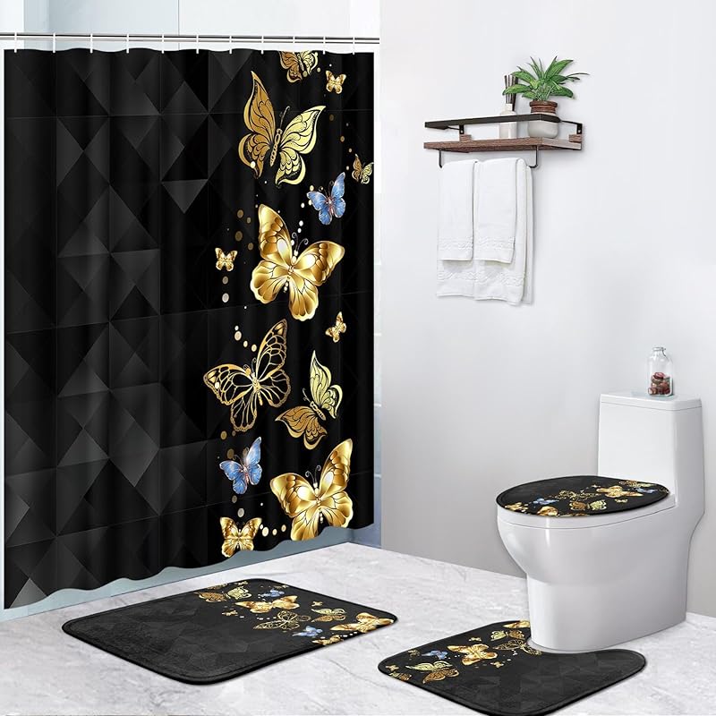 4 Pcs Shower Curtain Sets, Cute Unicorn Mermaid Cub Kids Rainbow Waterproof Bathroom Sets with Non-Slip Rugs, Toilet Lid Cover and Bath Mat,