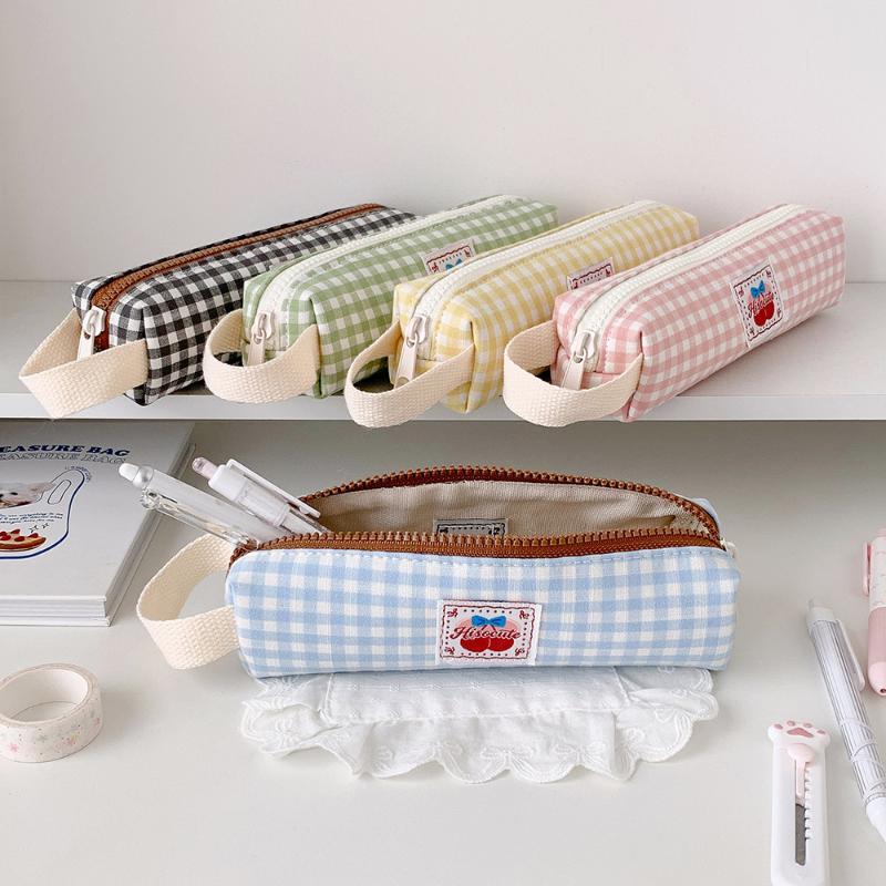 Cute Plaid Large Capacity Pencil Case Pen Bag Kawaii Stationery Storage Bag Suitable For Back-To-School Season Girls
