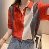 Women's 2024 Summer Color Block Chiffon Short Sleeve Top: Trendy, Age-Defying, Versatile Design
