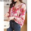 MODIQUE Spring Summer Plus Size Women Casual Loose Elegant Cotton Linen Chiffon Floral Print Puff Sleeve Blouse Shirts Lady Oversize O-Neck Coats
