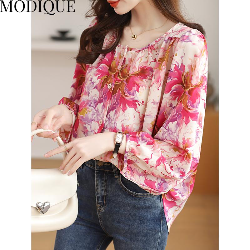 MODIQUE Spring Summer Plus Size Women Casual Loose Elegant Cotton Linen Chiffon Floral Print Puff Sleeve Blouse Shirts Lady Oversize O-Neck Coats