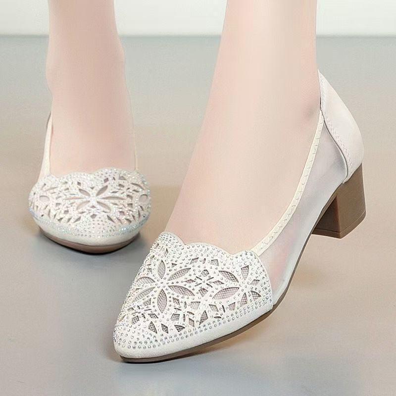 2025 Soft Leather Baotou Hot Diamond Sandals Women's Thick Heel New Single Shoes Summer Hollow Beef Tendon Sole Dance Shoes Mother Shoes