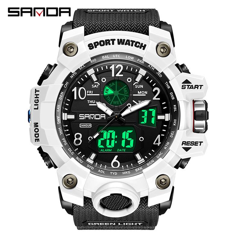 Sanda Men's Multifunctional Waterproof Green Light Countdown Watch - Korean Style with Transparent Design and Alarm.