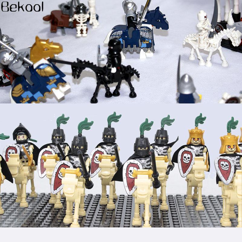 5 Set/Lot Medieval Castle Skeleton Knight & Horse With Cap Undead Army Soldier Action Figure with Weapon Shield Block Kid Toys