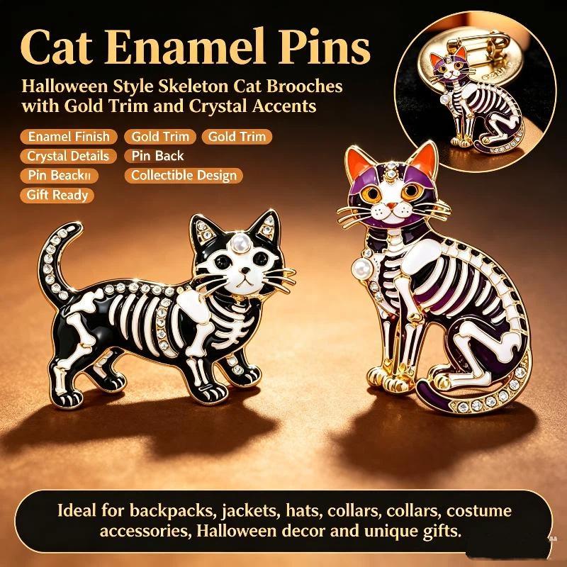 Baroque Halloween Skeleton Cat Dripping Oil Brooch Animal Themed Brooches Pins For Men Women Festive Party Accessories Gift